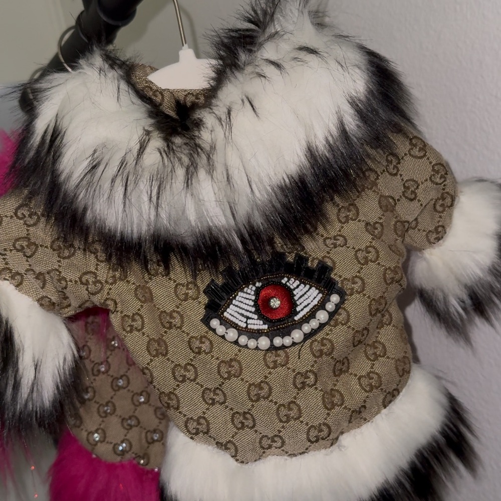 Glam Pet Jacket – Faux Fur & Evil Eye Detail | Handmade for Small Dogs & Cats
